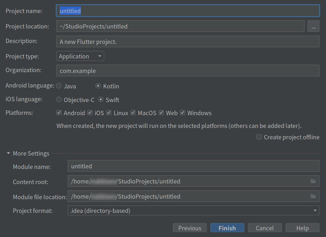 android studio flutter project settings