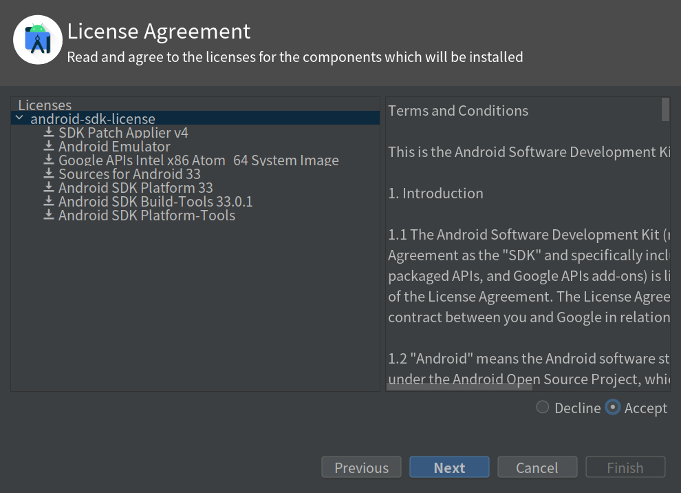 android studio license agreement