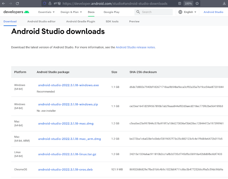 android-studio-downloads-page