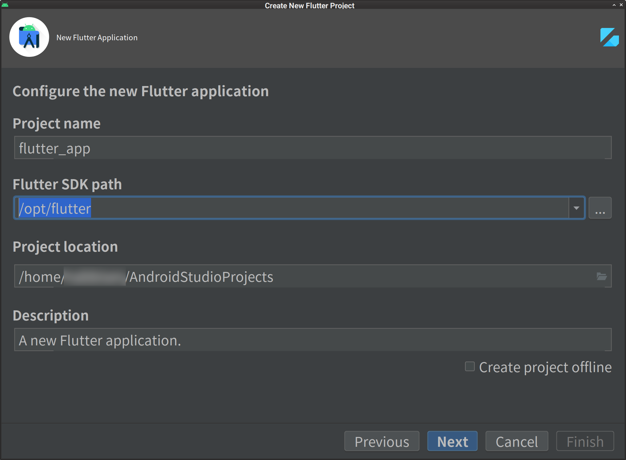 Android Studio new Flutter application