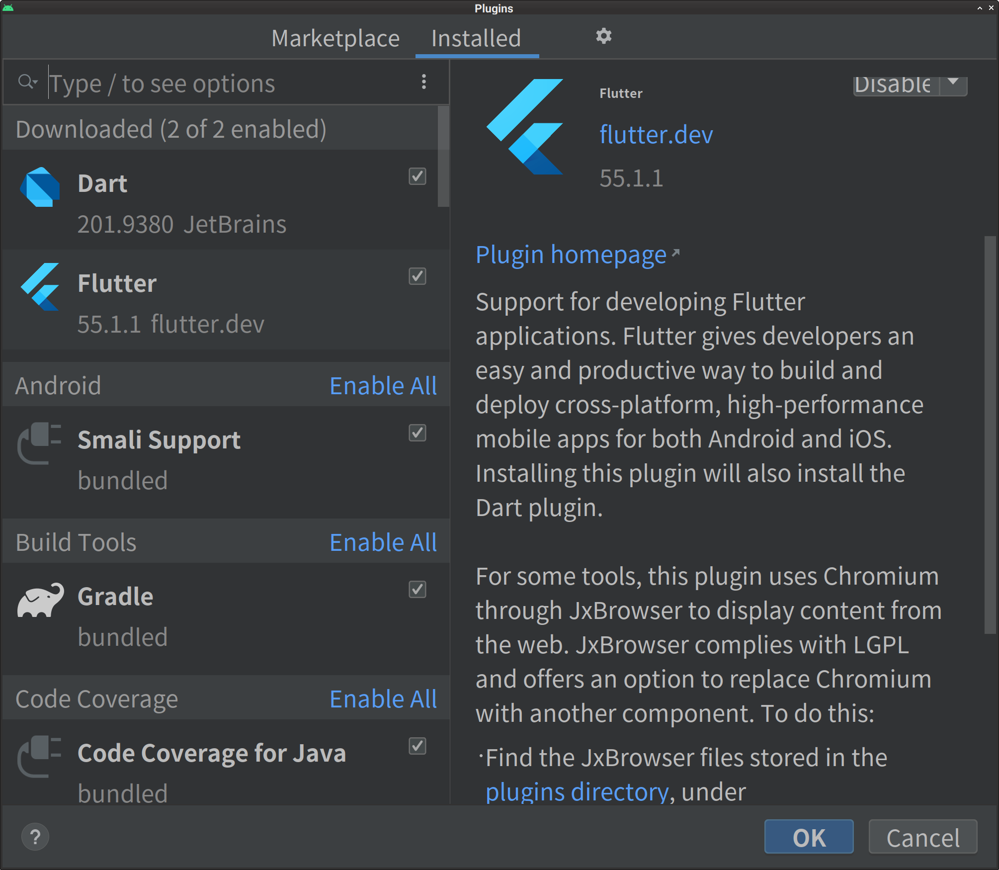 Android Studio Plugins Flutter and Dart