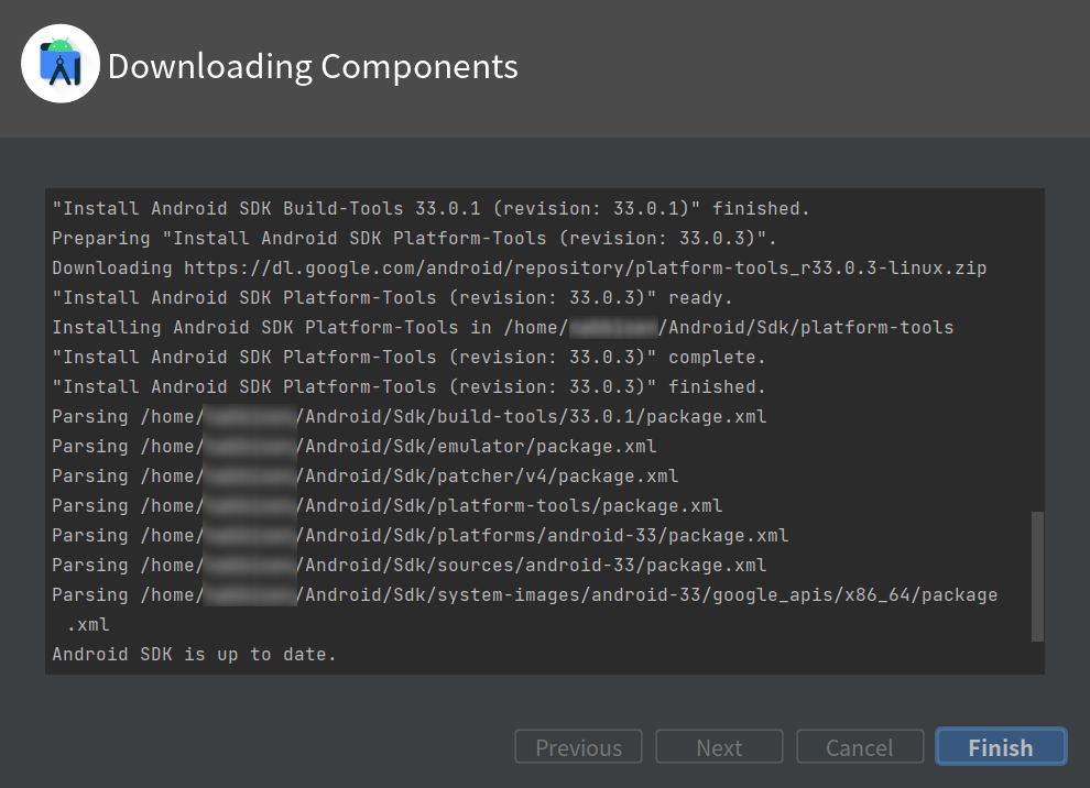 android studio finishing downloading components